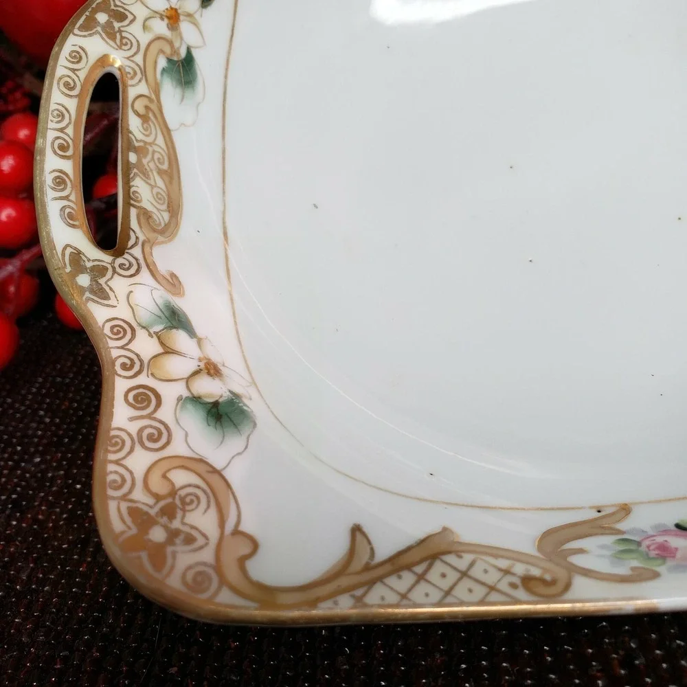 Gold Trimmed Nippon Porcelain Candy Bowl Plate ‎ Hand Painted Vintage